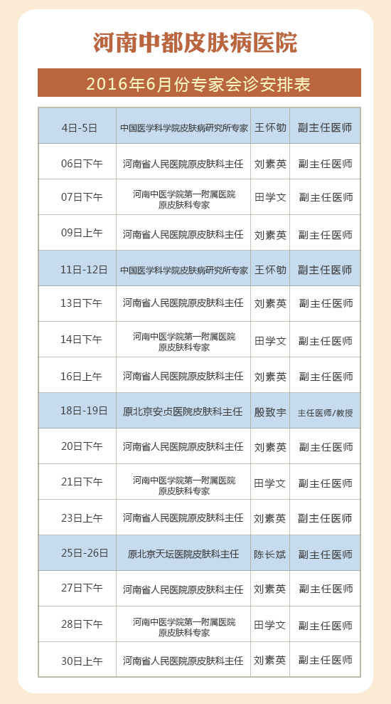 河南中都6月份医生会诊安排